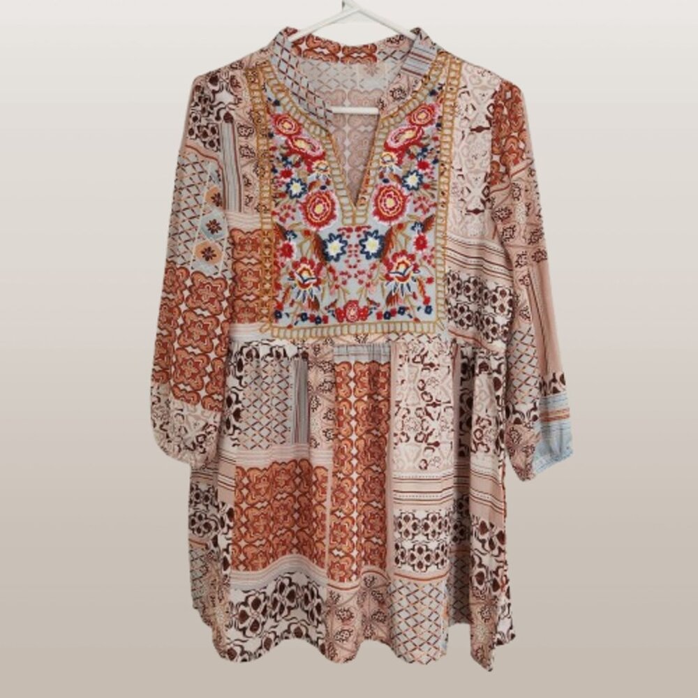 Tan beige embroidered lagenlook pullover top elastic sleeves Size 38"